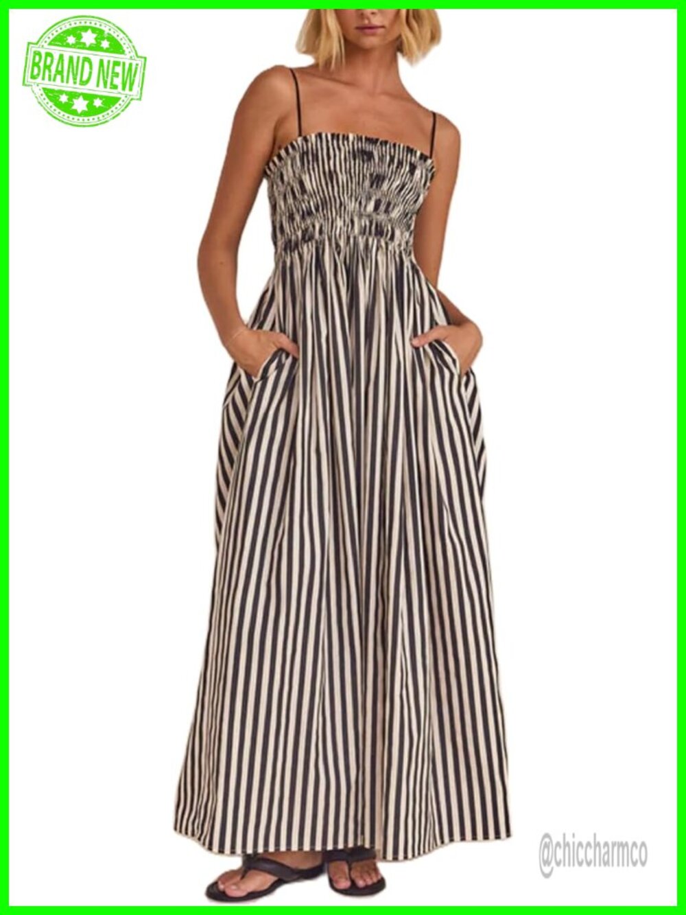 Striped Maxi Dress Smocked Backless Spaghetti Strap Flowy Boho Sundress
